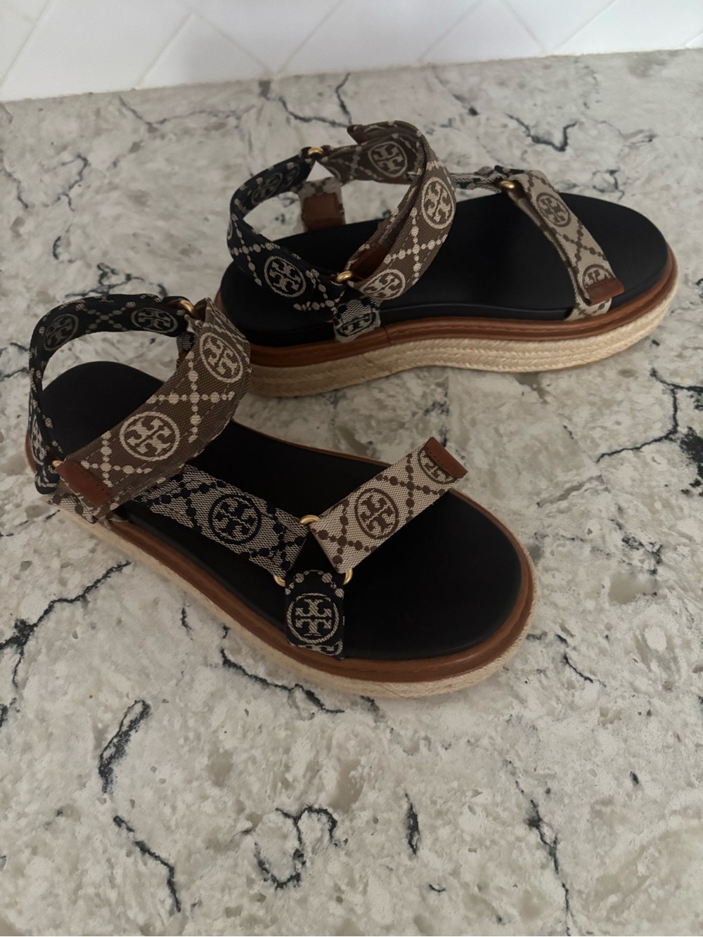 NWOT Tory Burch Brown Logo Canvas Espadrille Sandals - size 8 never worn!